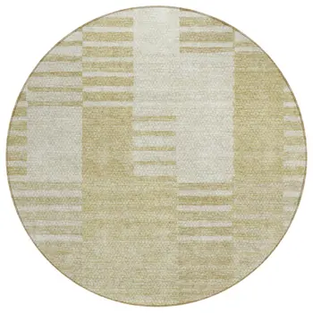 8' Beige And Ivory Round Striped Washable Indoor Outdoor Area Rug