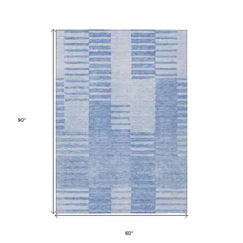 5' X 8' Sky Blue And Denim Blue Striped Washable Indoor Outdoor Area Rug