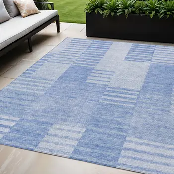 5' X 8' Sky Blue And Denim Blue Striped Washable Indoor Outdoor Area Rug
