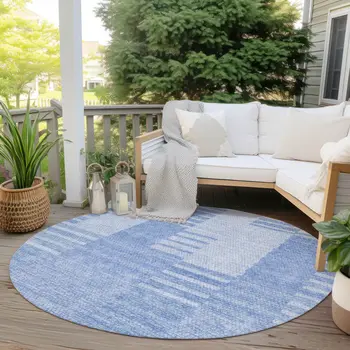8' Sky Blue And Denim Blue Round Striped Washable Indoor Outdoor Area Rug
