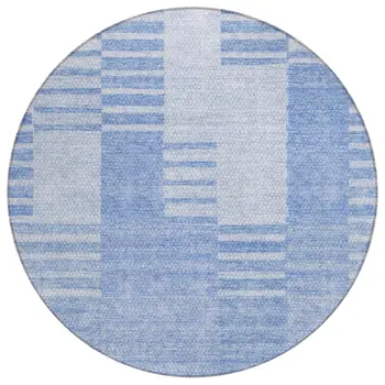 8' Sky Blue And Denim Blue Round Striped Washable Indoor Outdoor Area Rug