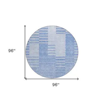 8' Sky Blue And Denim Blue Round Striped Washable Indoor Outdoor Area Rug