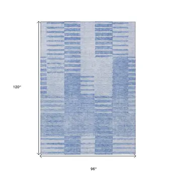 8' X 10' Sky Blue And Denim Blue Striped Washable Indoor Outdoor Area Rug