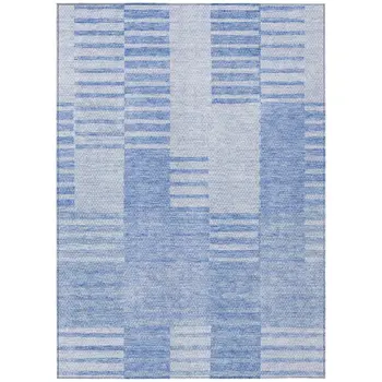 8' X 10' Sky Blue And Denim Blue Striped Washable Indoor Outdoor Area Rug