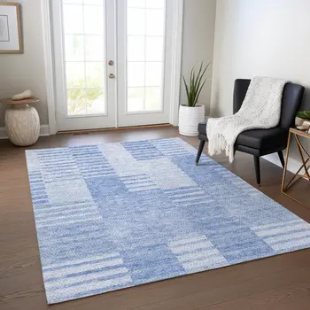 8' X 10' Sky Blue And Denim Blue Striped Washable Indoor Outdoor Area Rug
