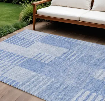 9' X 12' Sky Blue And Denim Blue Striped Washable Indoor Outdoor Area Rug