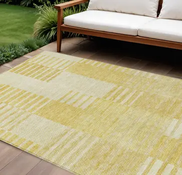 8' X 10' Gold Wheat And Ivory Striped Washable Indoor Outdoor Area Rug