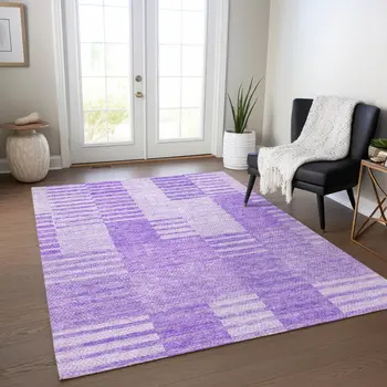 10' X 14' Lavender And Purple Striped Washable Indoor Outdoor Area Rug