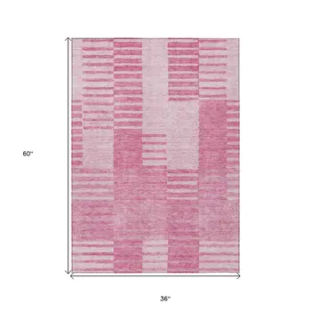 3' X 5' Pink And Blush Striped Washable Indoor Outdoor Area Rug