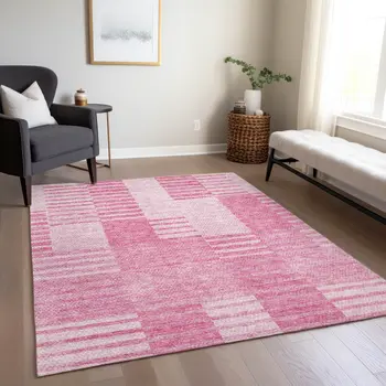 8' X 10' Pink And Blush Striped Washable Indoor Outdoor Area Rug