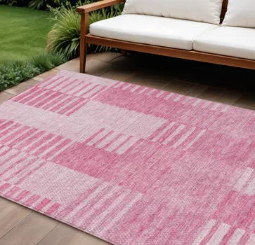 9' X 12' Pink And Blush Striped Washable Indoor Outdoor Area Rug