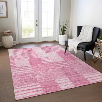 10' X 14' Pink And Blush Striped Washable Indoor Outdoor Area Rug
