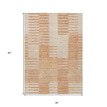 3' X 5' Salmon Peach And Ivory Striped Washable Indoor Outdoor Area Rug