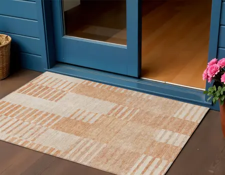3' X 5' Salmon Peach And Ivory Striped Washable Indoor Outdoor Area Rug