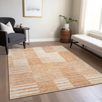 3' X 5' Salmon Peach And Ivory Striped Washable Indoor Outdoor Area Rug