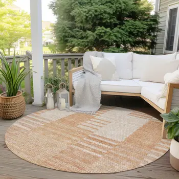 8' Salmon Peach And Ivory Round Striped Washable Indoor Outdoor Area Rug