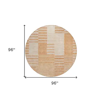 8' Salmon Peach And Ivory Round Striped Washable Indoor Outdoor Area Rug
