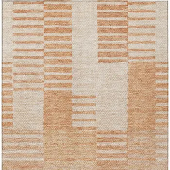 9' X 12' Salmon Peach And Ivory Striped Washable Indoor Outdoor Area Rug
