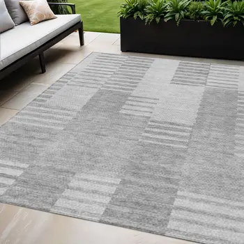 5' X 8' Silver Gray And Ivory Striped Washable Indoor Outdoor Area Rug