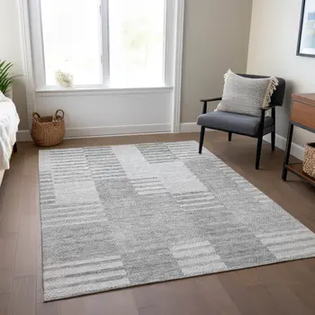 5' X 8' Silver Gray And Ivory Striped Washable Indoor Outdoor Area Rug