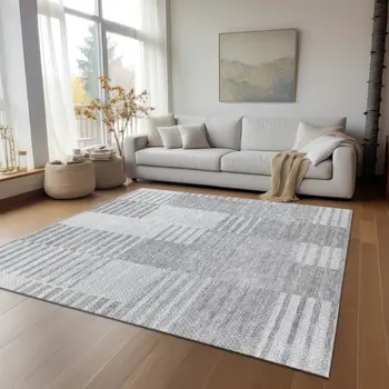 5' X 8' Silver Gray And Ivory Striped Washable Indoor Outdoor Area Rug