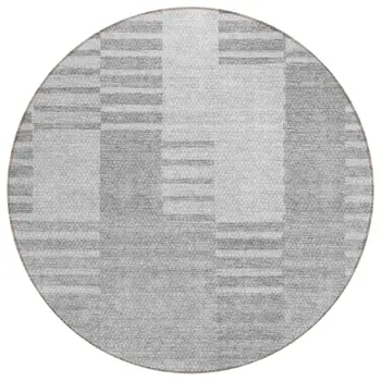 8' Silver Gray And Ivory Round Striped Washable Indoor Outdoor Area Rug