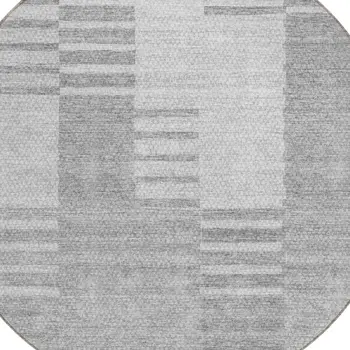 8' Silver Gray And Ivory Round Striped Washable Indoor Outdoor Area Rug