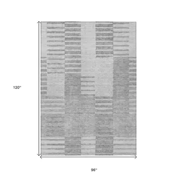8' X 10' Silver Gray And Ivory Striped Washable Indoor Outdoor Area Rug