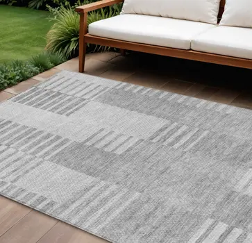 8' X 10' Silver Gray And Ivory Striped Washable Indoor Outdoor Area Rug