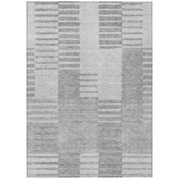 8' X 10' Silver Gray And Ivory Striped Washable Indoor Outdoor Area Rug
