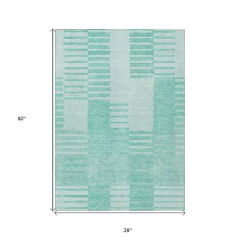 3' X 5' Teal Blue Aqua And Ivory Striped Washable Indoor Outdoor Area Rug