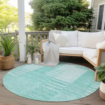 8' Teal Blue Aqua And Ivory Round Striped Washable Indoor Outdoor Area Rug