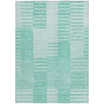 9' X 12' Teal Blue Aqua And Ivory Striped Washable Indoor Outdoor Area Rug