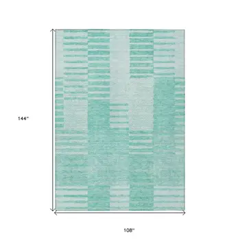 9' X 12' Teal Blue Aqua And Ivory Striped Washable Indoor Outdoor Area Rug