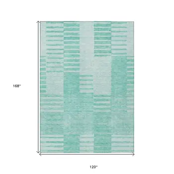10' X 14' Teal Blue Aqua And Ivory Striped Washable Indoor Outdoor Area Rug