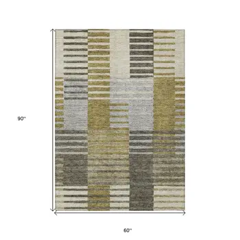 5' X 8' Brown Gold And Taupe Striped Washable Indoor Outdoor Area Rug