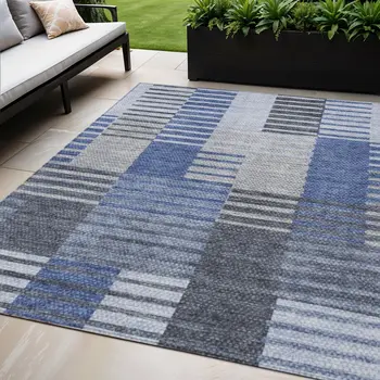 5' X 8' Denim Blue And Navy Blue Striped Washable Indoor Outdoor Area Rug