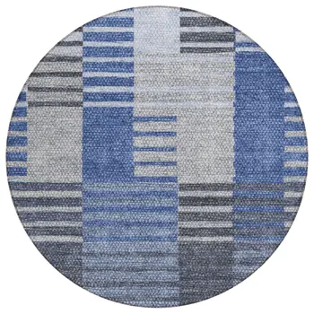 8' Denim Blue And Navy Blue Round Striped Washable Indoor Outdoor Area Rug