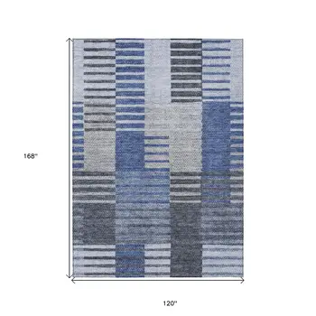 10' X 14' Denim Blue And Navy Blue Striped Washable Indoor Outdoor Area Rug