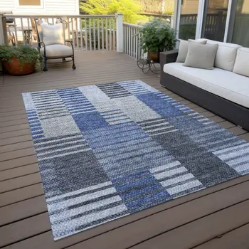 10' X 14' Denim Blue And Navy Blue Striped Washable Indoor Outdoor Area Rug