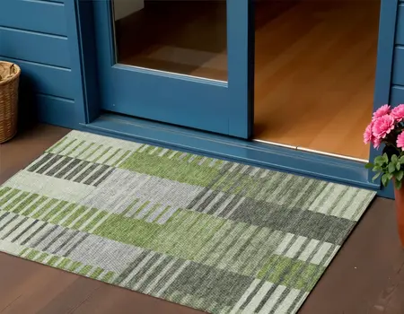 3' X 5' Green And Olive Green Striped Washable Indoor Outdoor Area Rug