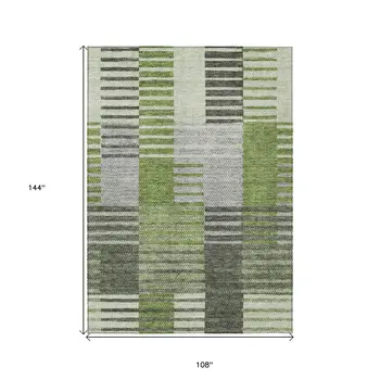 9' X 12' Green And Olive Green Striped Washable Indoor Outdoor Area Rug