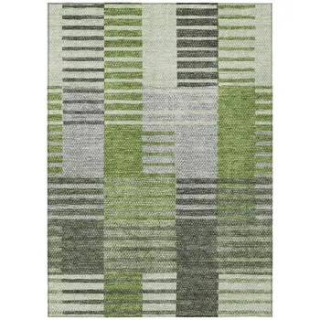 9' X 12' Green And Olive Green Striped Washable Indoor Outdoor Area Rug