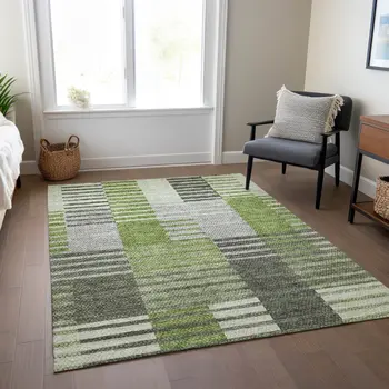 9' X 12' Green And Olive Green Striped Washable Indoor Outdoor Area Rug