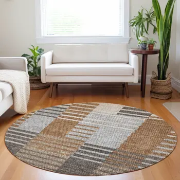 8' Chocolate And Gray Round Striped Washable Indoor Outdoor Area Rug