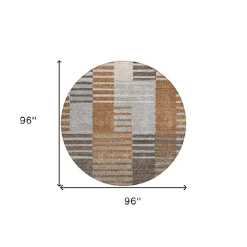 8' Chocolate And Gray Round Striped Washable Indoor Outdoor Area Rug