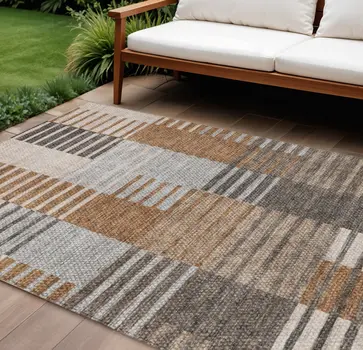 9' X 12' Chocolate And Gray Striped Washable Indoor Outdoor Area Rug