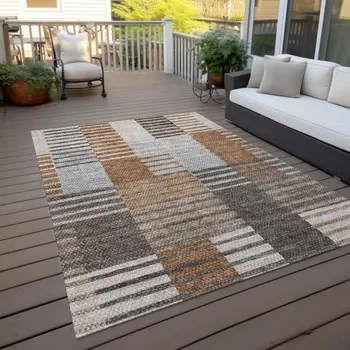 9' X 12' Chocolate And Gray Striped Washable Indoor Outdoor Area Rug
