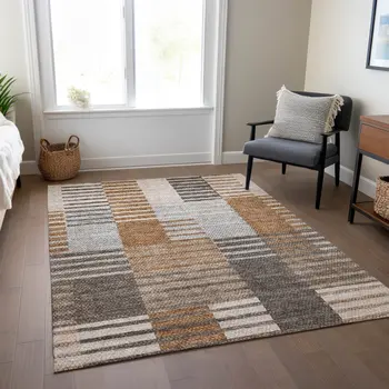 10' X 14' Chocolate And Gray Striped Washable Indoor Outdoor Area Rug