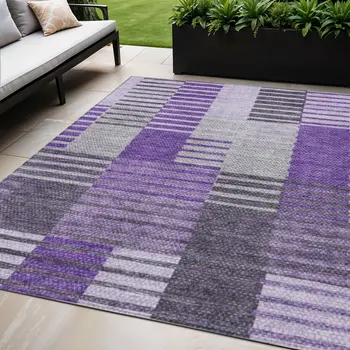 5' X 8' Purple Lavender And Eggplant Striped Washable Indoor Outdoor Area Rug